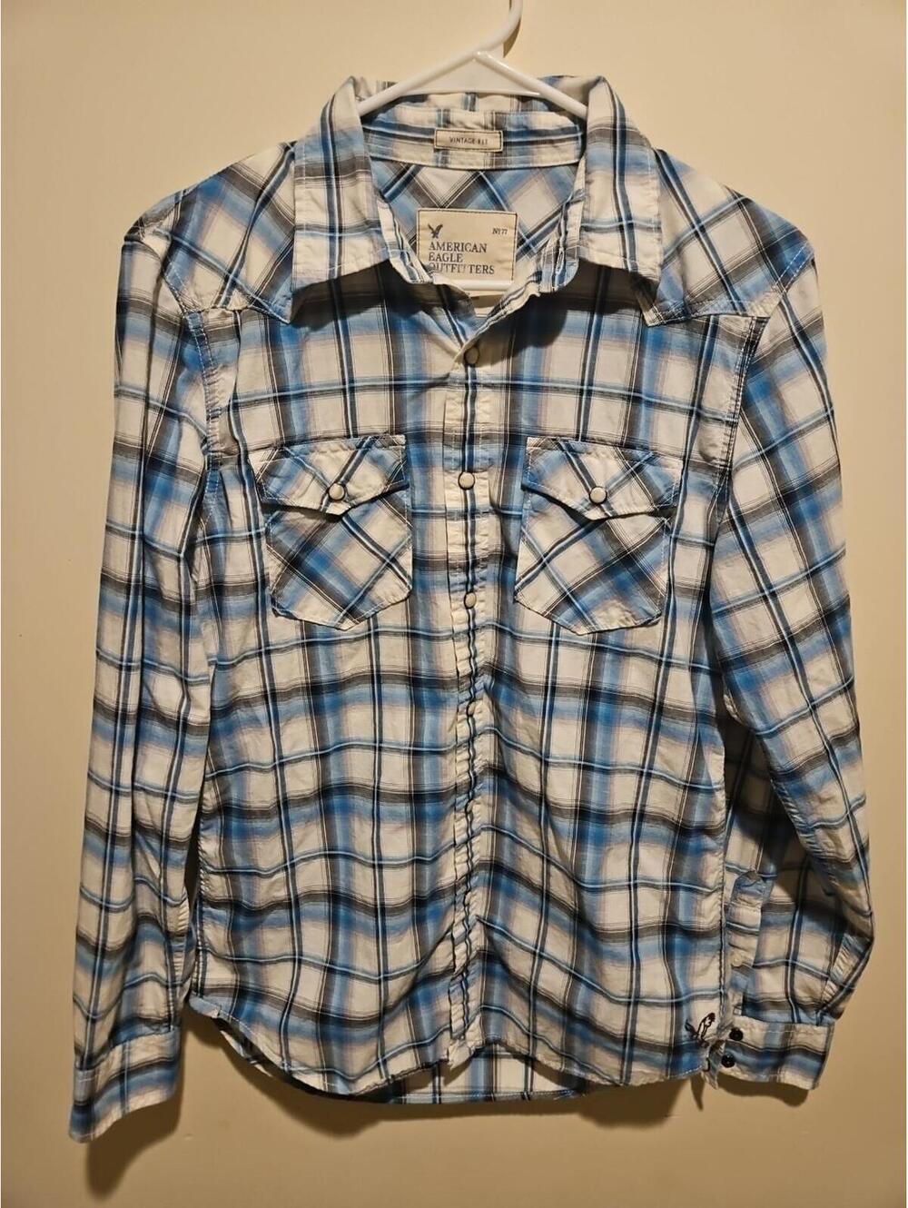 Small American Eagle Pearl Snap Blue And White Cowboy Shirt Long Sleeve Plaid